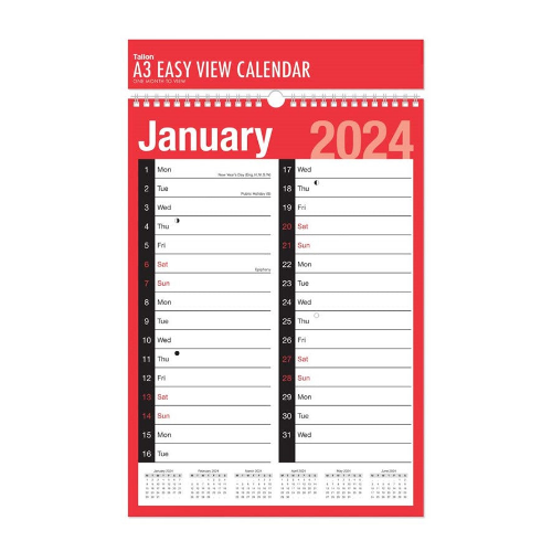 Value 2024 A3 One Month to View Calendar (Red)