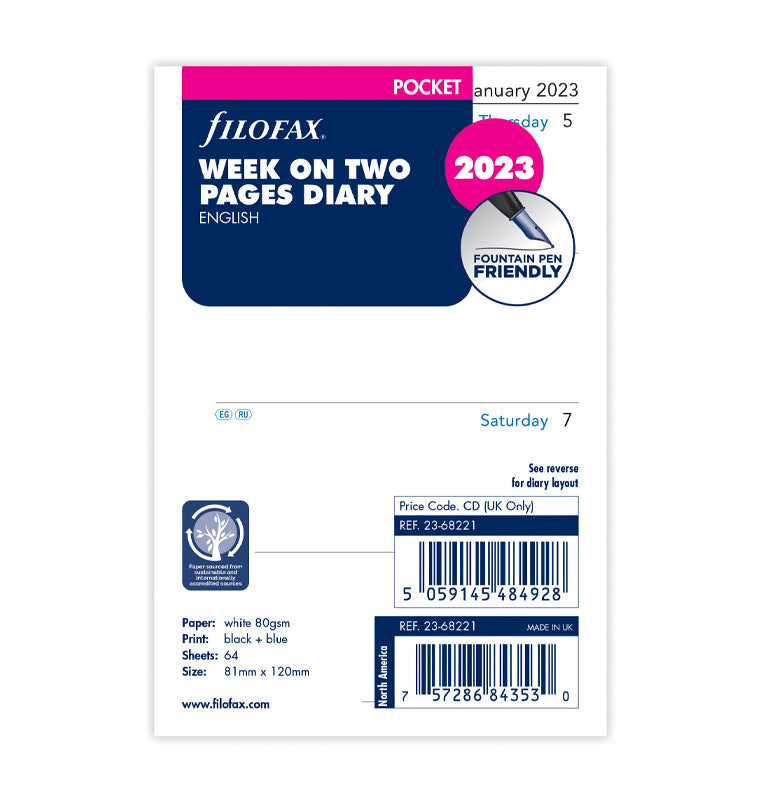 Filofax Pocket size week on two pages refill 2023 23-68221